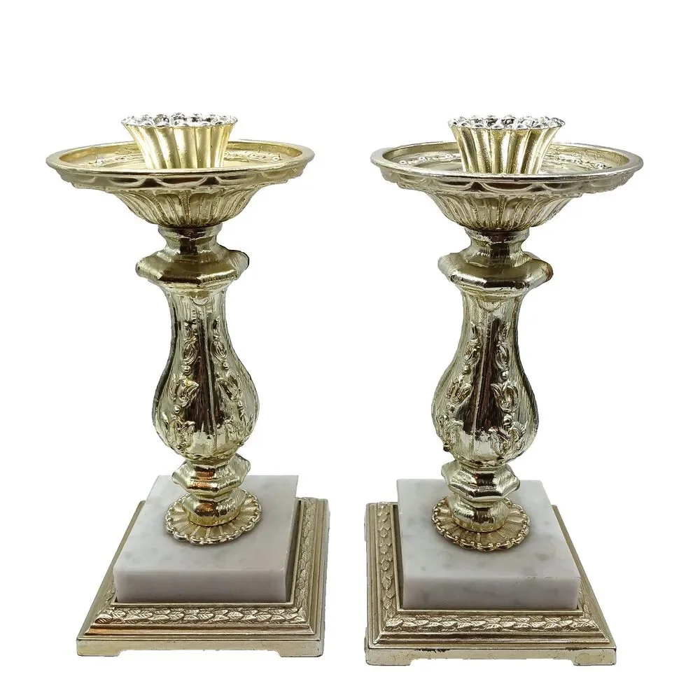 MCM Candle Holders Italian Marble Base Dilly Mfg Co. Gold Hollywood Regency 9